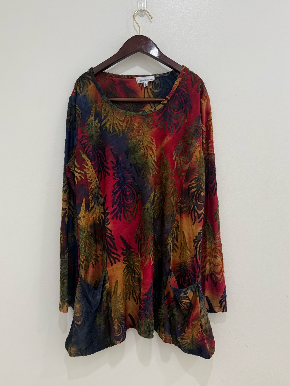 Pyramid Collection Boho Peacock Feather Burnout Velvet Tunic Top Size Large New